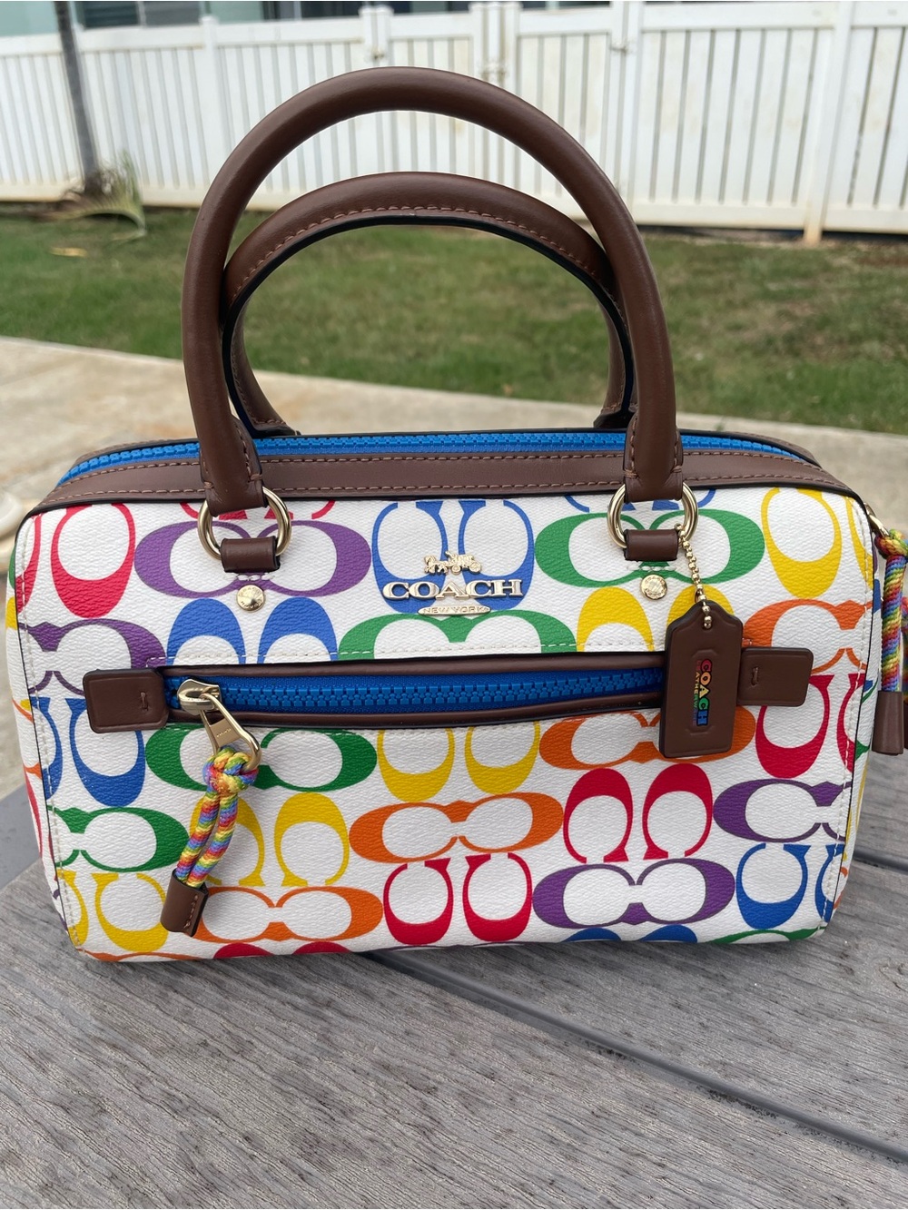 Coach Medium Pride Multicolor Signature Canvas Rowen with Brown Leather Trim
